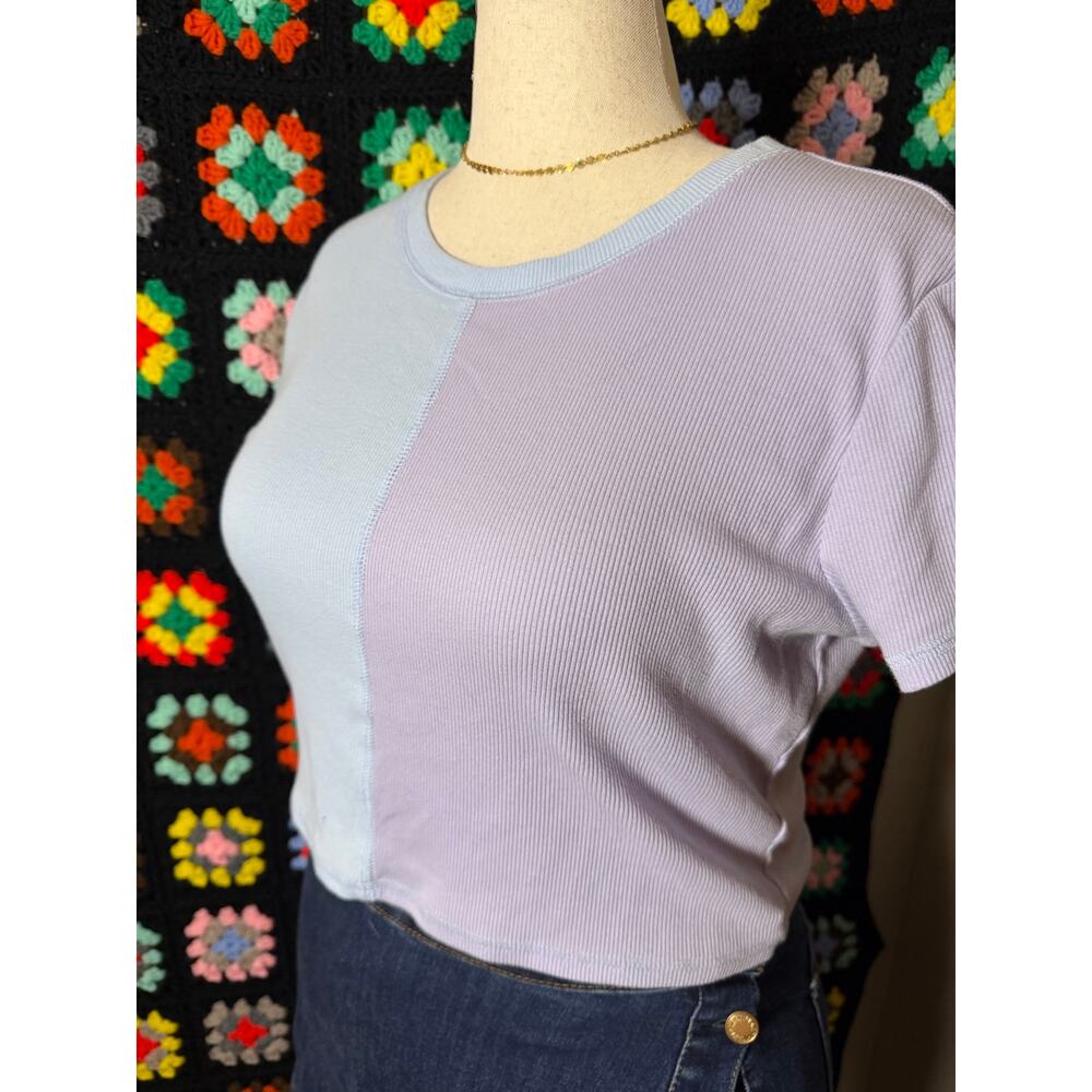 Pastel Blue Lavender Colorblock Ribbed Baby Tee Women’s XL Arizona Y2K